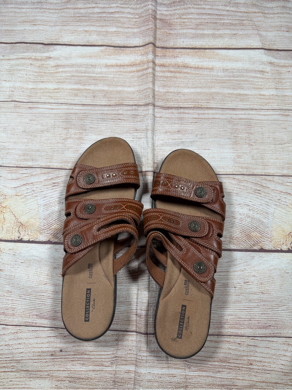 Clarks‎ Soft Cushion Brown Adjustable Multi-Strap Slide Sandals